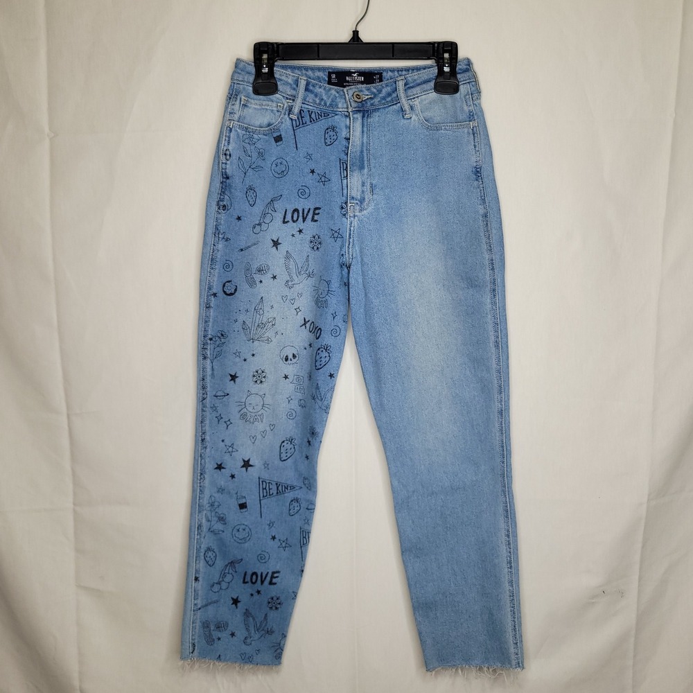 Hollister‎ Ultra High Rise Mom Jeans 5R W27 L27 Light Wash Doodle Graphic Print